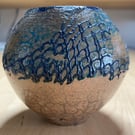 Raku pot, deep ocean themed with crackle and copper glazes 623