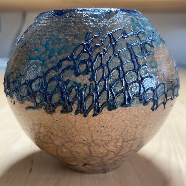 Raku pot, deep ocean themed with crackle and copper glazes 623