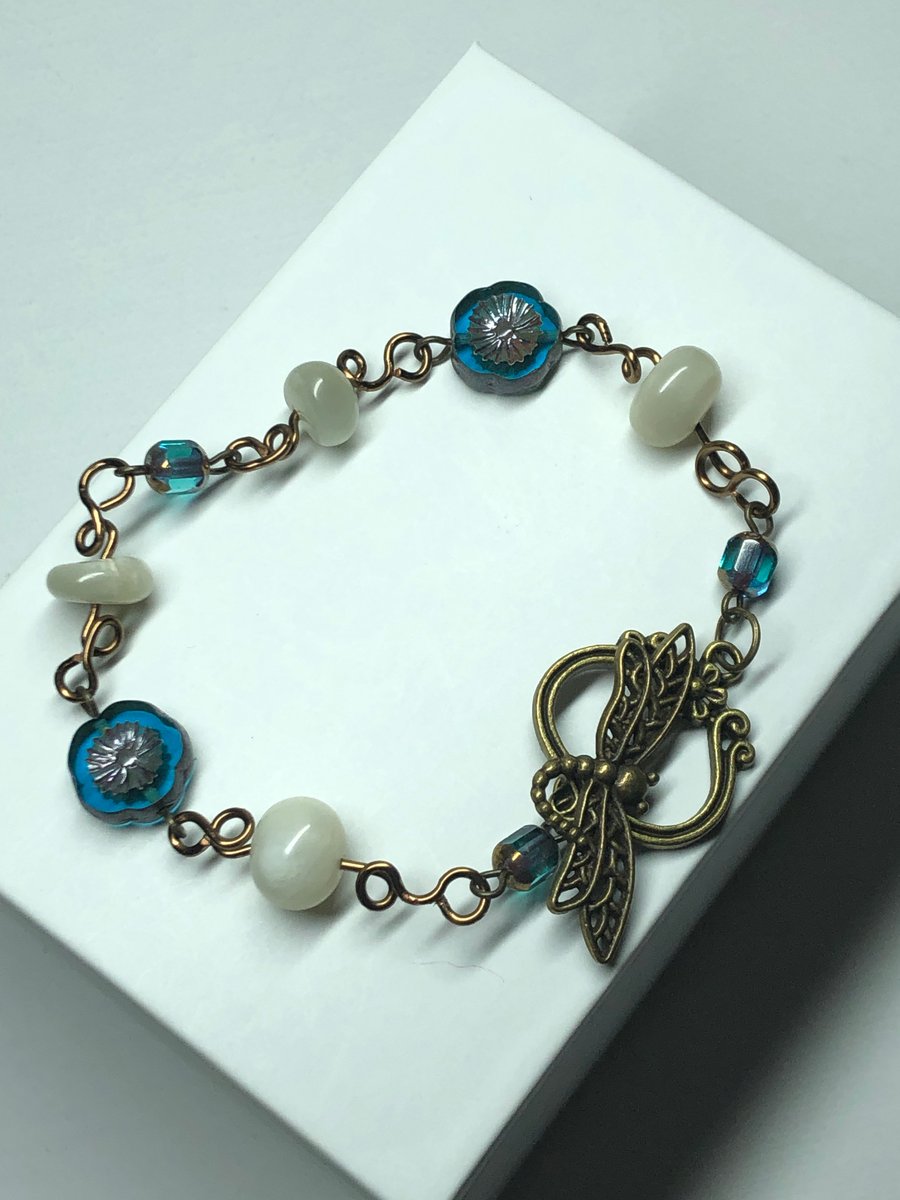 Moonstone and teal flower wire bracelet