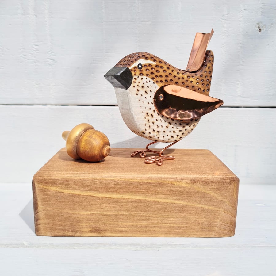 Wooden Wren with Acorn Bird Gift