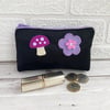 SALE Large black satin coin purse with lilac and pink felt mushroom and flower