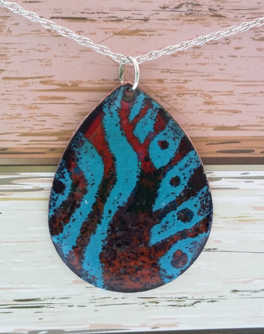 Teal and burnt orange teardrop pendant in enamelled copper 210