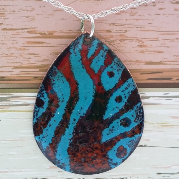 Teal and burnt orange teardrop pendant in enamelled copper 210