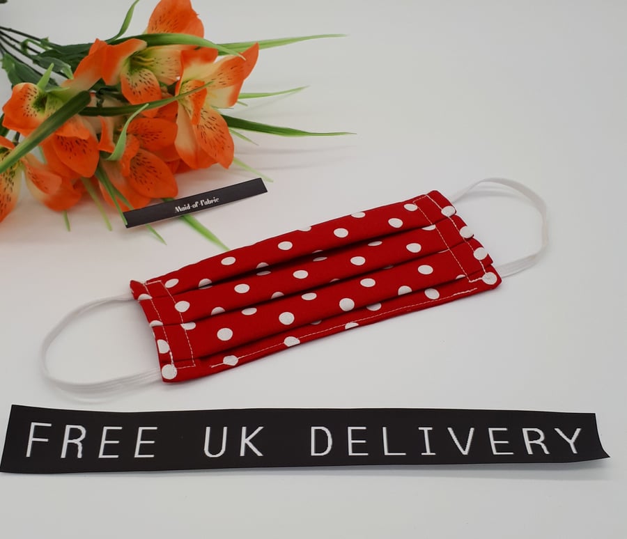Face mask,  small,  3 layer,  machine washable in red and white polkadot fabric 
