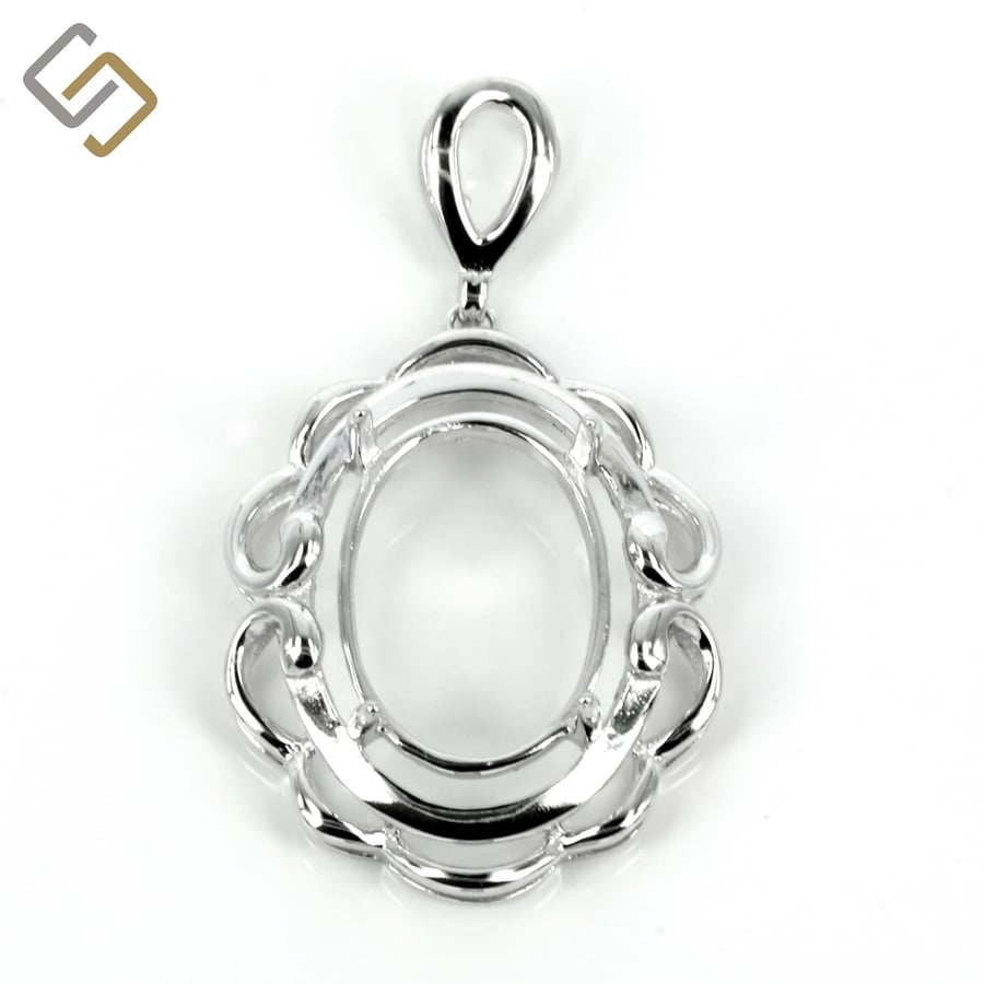 Elegant curve-framed oval pendant in sterling silver for 10x14mm stones