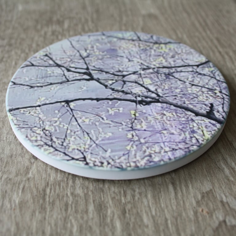 Ceramic coaster - round coaster - matt finish - willow branch print.