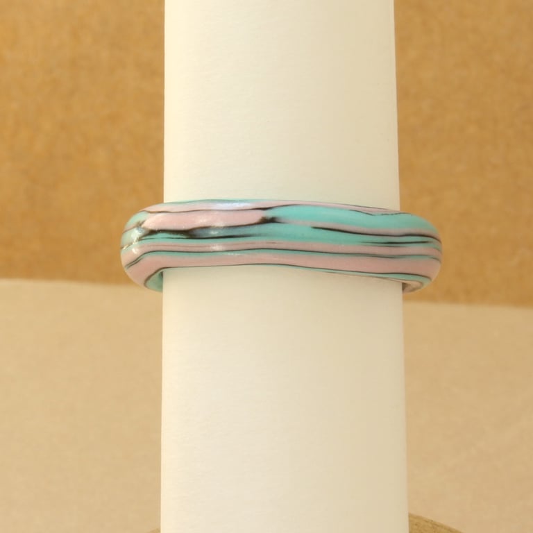 Delicate Sky Blue Pinks Artisan Polymer Clay D Style Ring - Size S