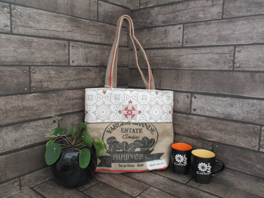 Eco Tote Bag - Handmade from Upcycled Materials - Cream Beige and Red pattern