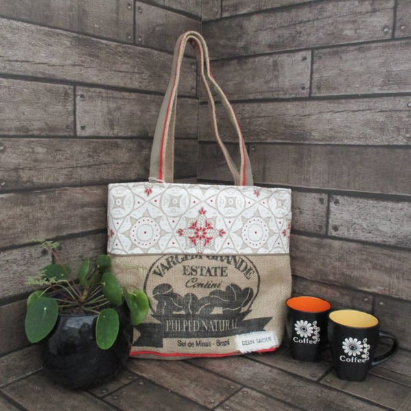 Eco Tote Bag - Handmade from Upcycled Materials - Cream Beige and Red pattern
