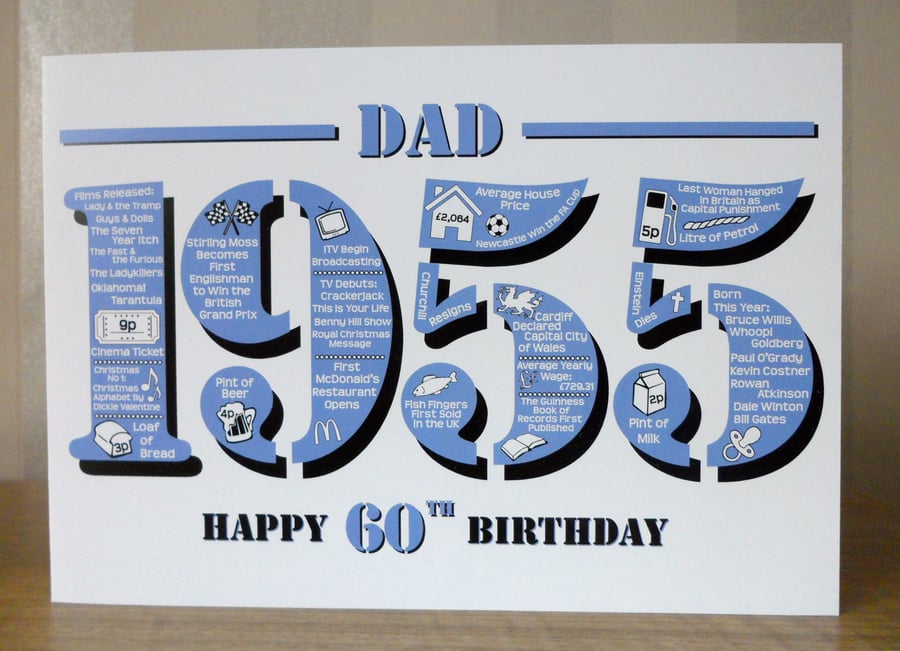 Happy 60th Birthday Dad Card - Born In 1955 British Facts A5 Greetings Card