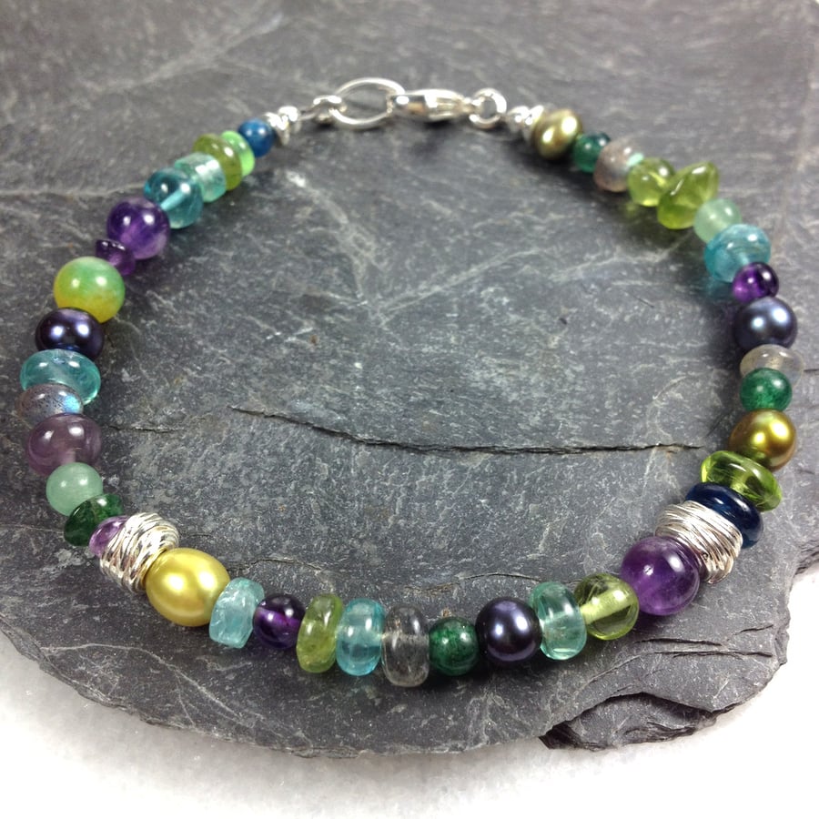 Silver and gemstone Peacock bracelet