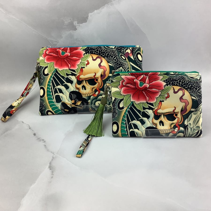 Gothic zip clutch bag, wrist strap with silky tassel & charm 2 options