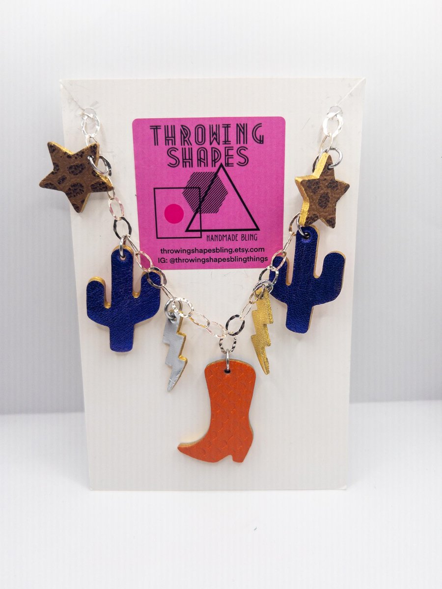 Rodeo charm necklace, leather charms on chunky silver chain