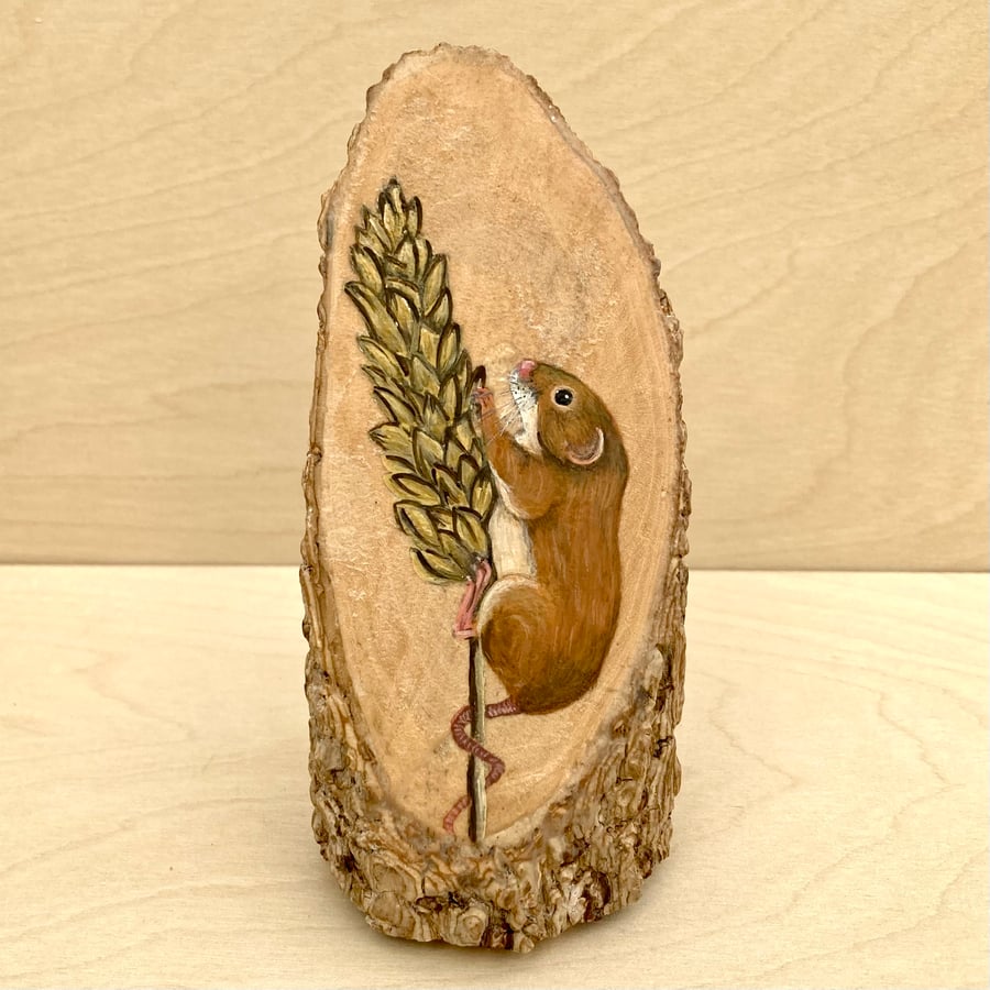 Harvest mouse wood stump painting