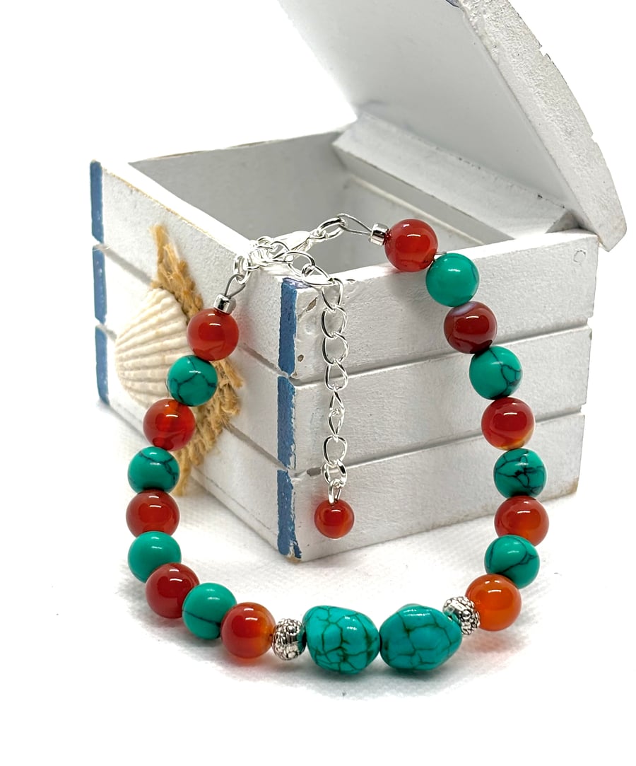 Turquoise and Red Agate Bracelet