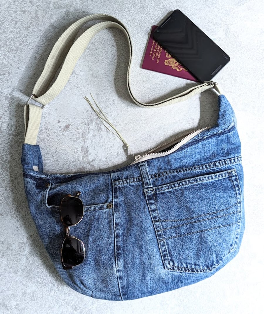 Denim Bag - Cross Body Dumpling Bag with Elephant Print Lining