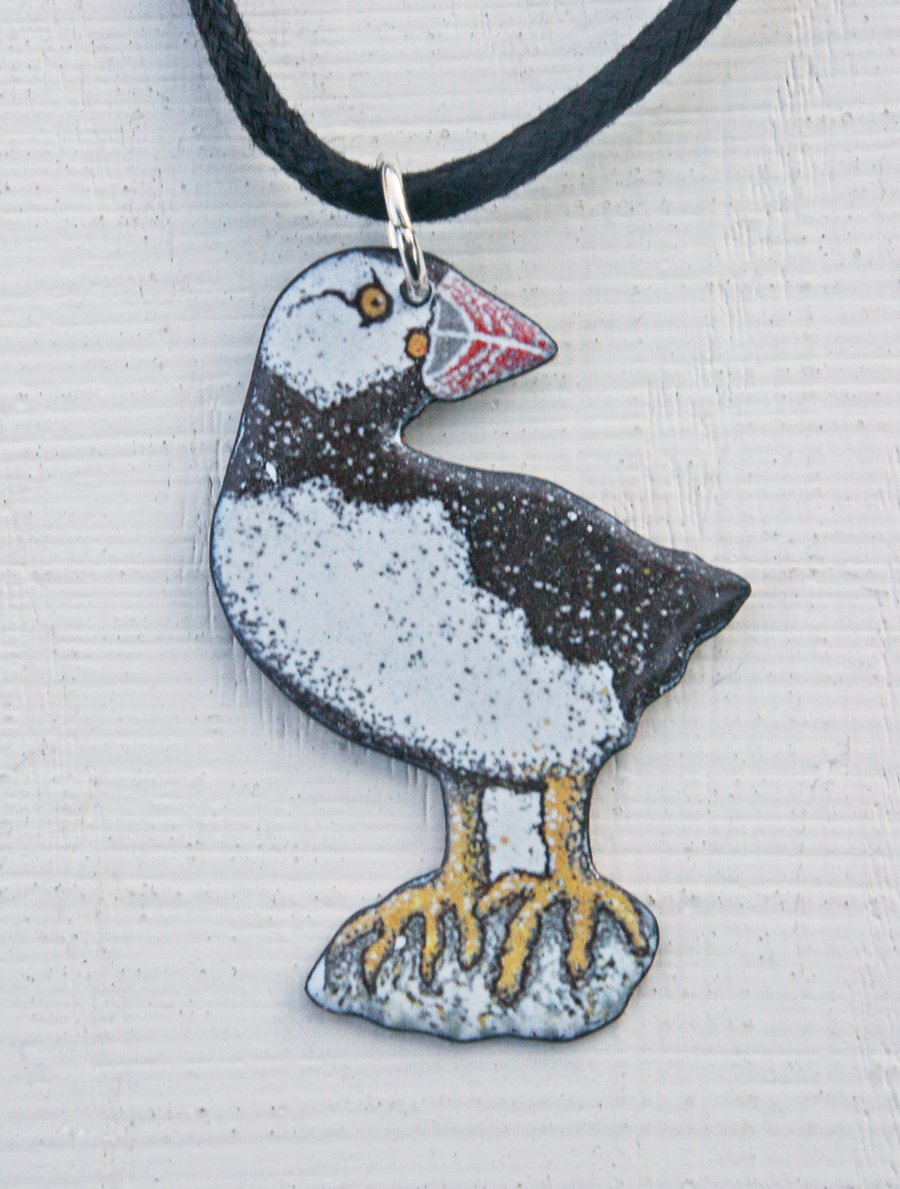Standing Puffin Pendant in Enamels