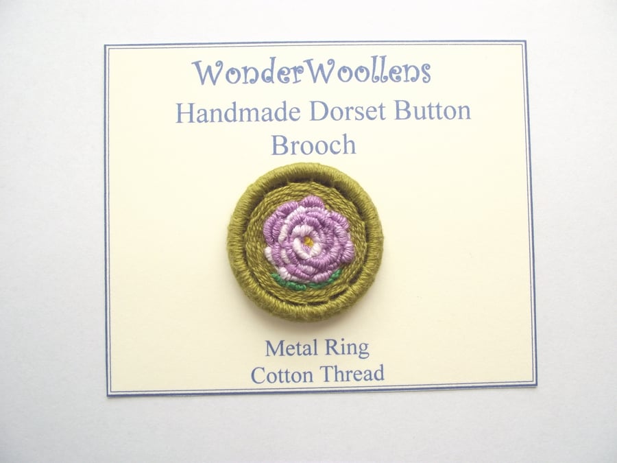 Purple Rose Flower Dorset Button Brooch or Pin, 3.5cm, Cotton Thread, Brass Ring