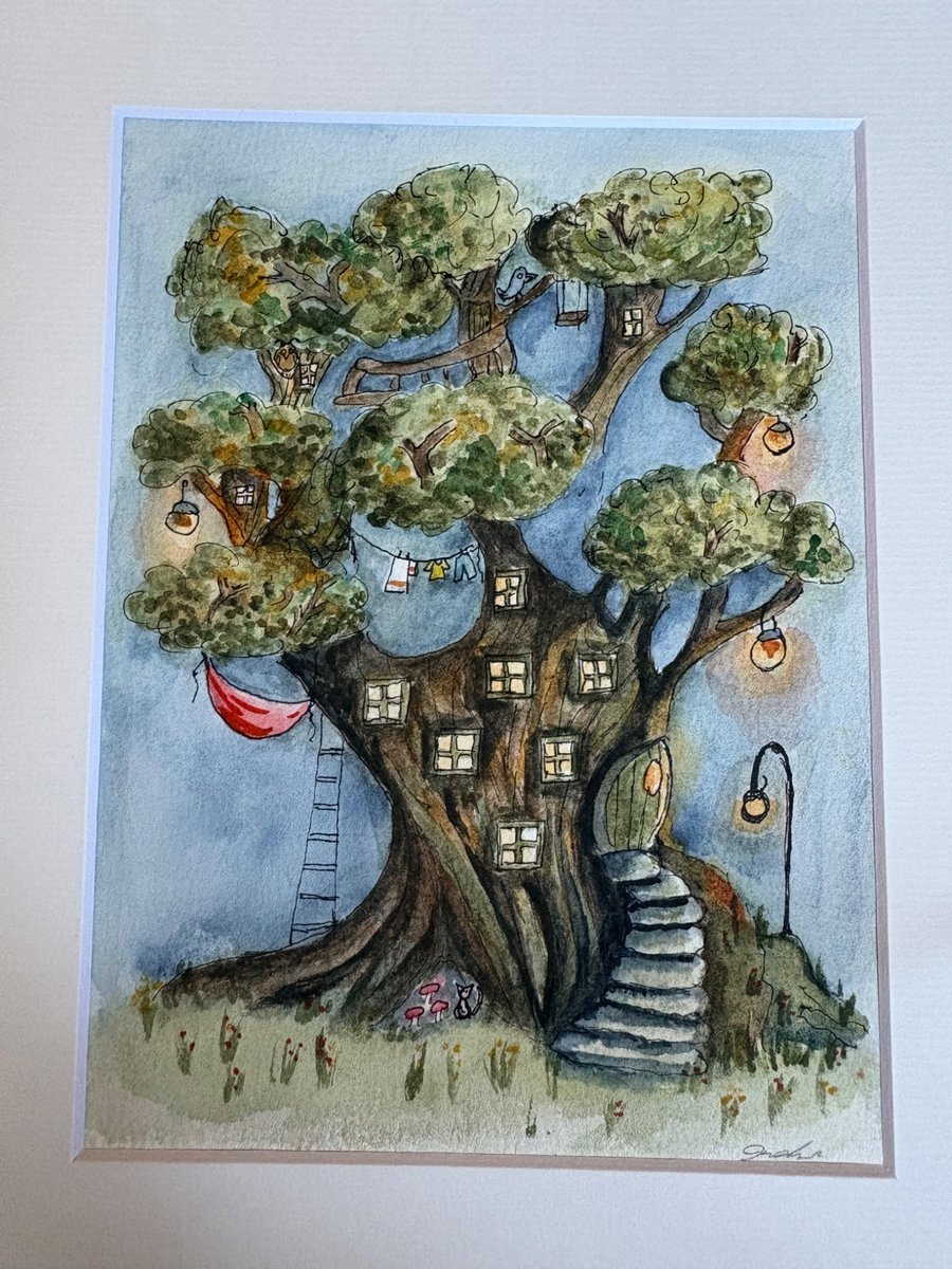 Enchanted Treehouse Village – Original Watercolour (8x10, Matted)