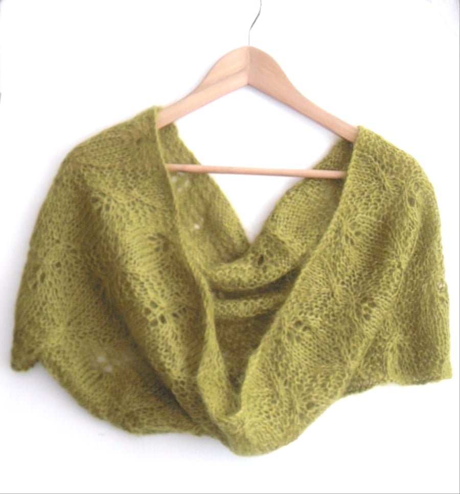 Green Mohair cowl , hand knitted lace scarf 
