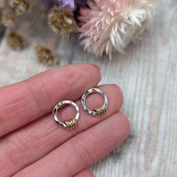 Sterling Silver and Gold Hammered Circle Stud Earrings - JBJ3002
