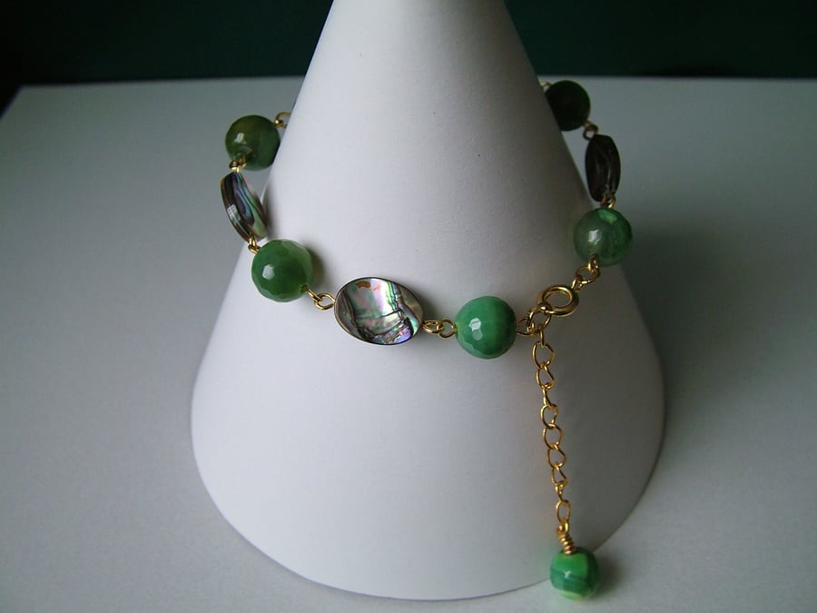 Abalone & Green Agate Bracelet - Genuine Gemstone - Handmade 
