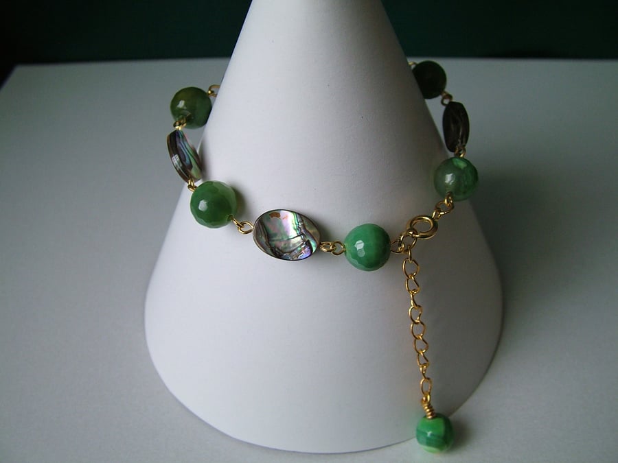 Abalone & Green Agate Rosary Link Bracelet 