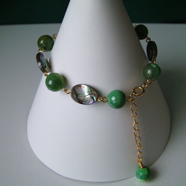 Abalone & Green Agate Bracelet - Genuine Gemstone - Handmade 