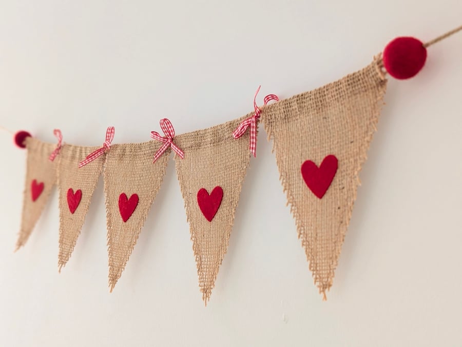 Hessian bunting with felt hearts, felt balls and bows: rustic red burlap banner 