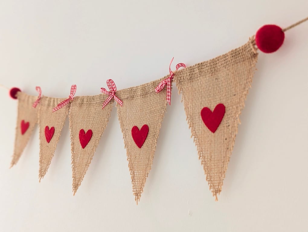 Hessian bunting with felt hearts, felt balls and bows: rustic red burlap banner 