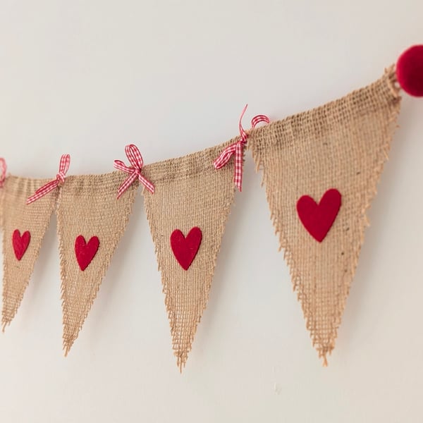 Hessian bunting with felt hearts, felt balls and bows: rustic red burlap banner 