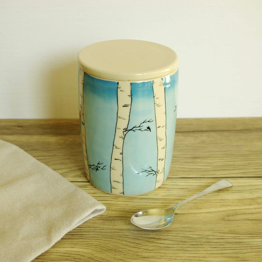 Large Ceramic Storage Jar with Flat Lid - Birch Tree, Sky and Birds