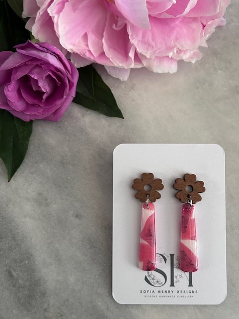Pink and White Marble Effect Flower Earrings Polymer Clay & Wood Dangle