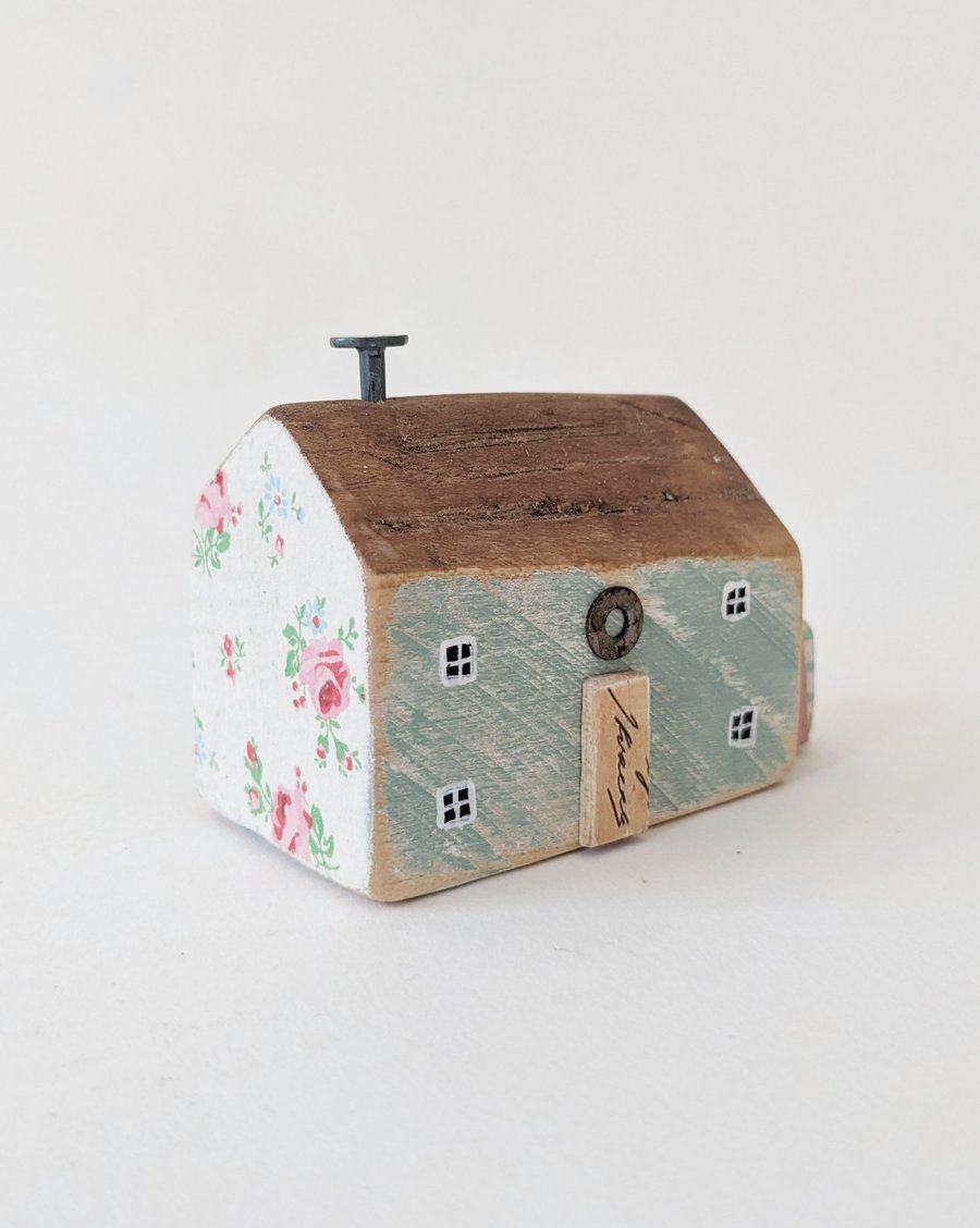 Handmade Painted Wooden Seaside Cottage with Teeny Stripy Shed