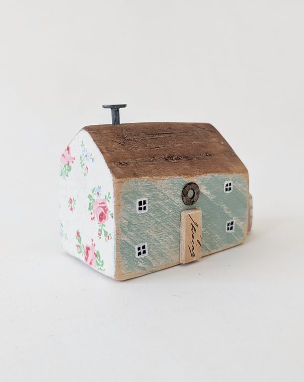 Handmade Painted Wooden Seaside Cottage with Teeny Stripy Shed