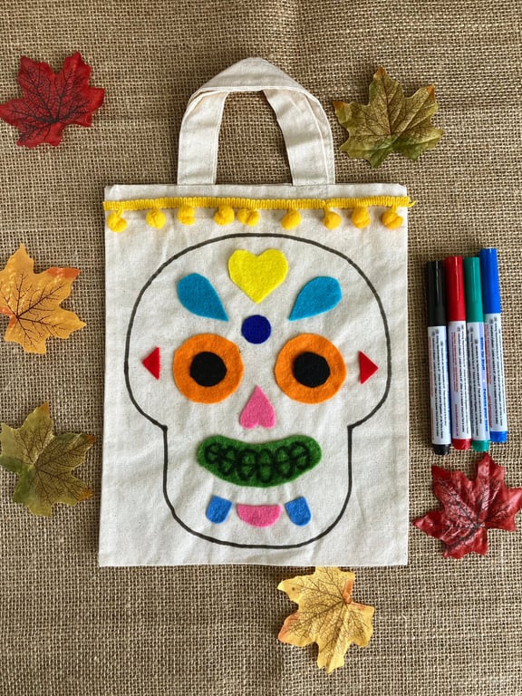 Kids Halloween Craft Kit - DIY Trick or Treat Bags - Day of the Dead Skull