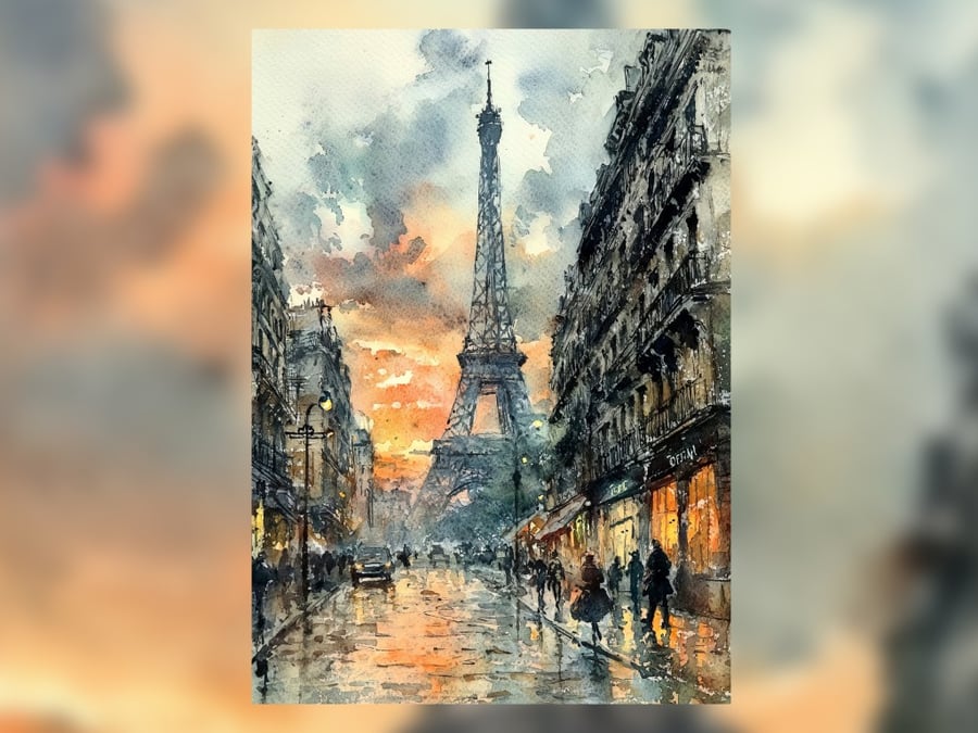 Paris Sunset, Watercolor Painting of the Eiffel Tower at Dusk 5"x7" Matte Print