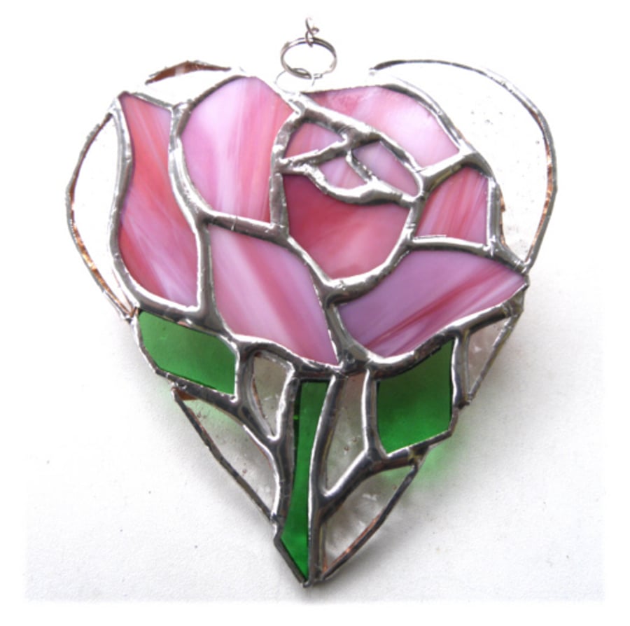 Pink Rose Heart Suncatcher Stained Glass 034
