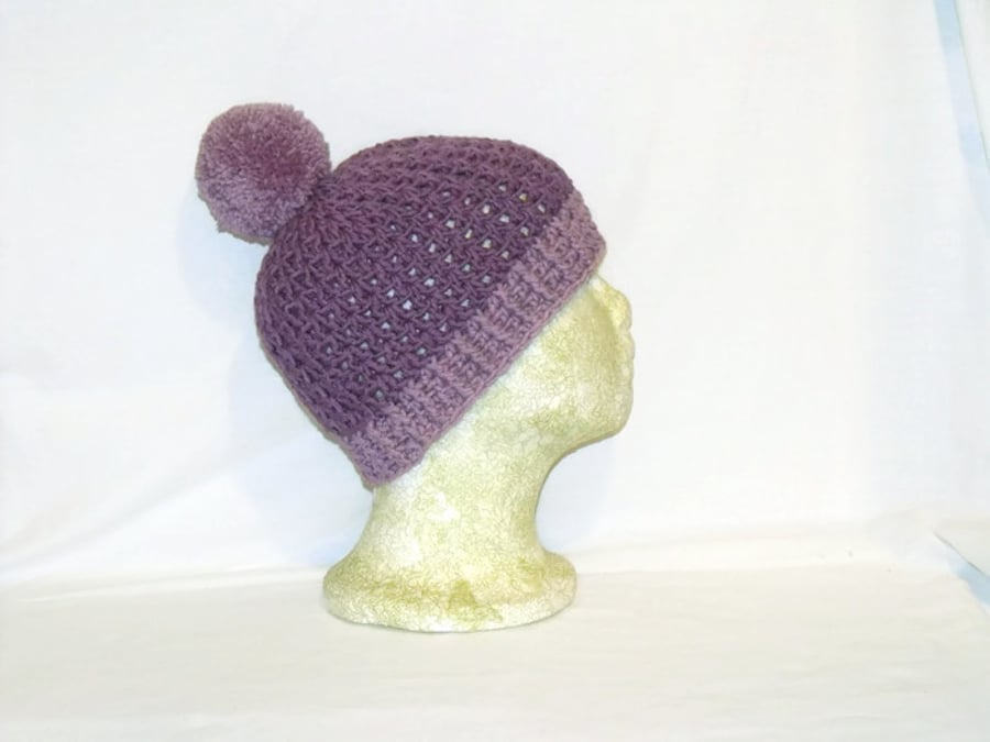 merino lilac crocheted beanie, pure wool ladies winter pom pom hat