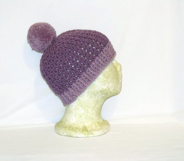 merino lilac crocheted beanie, pure wool ladies winter pom pom hat