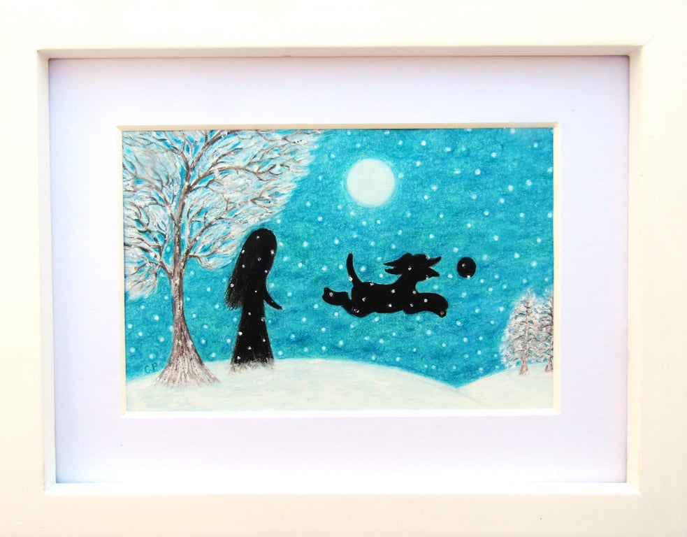 Framed Dog Picture, Daughter Christmas Gift, Winter Art, Snow Moon Tree, Xmas