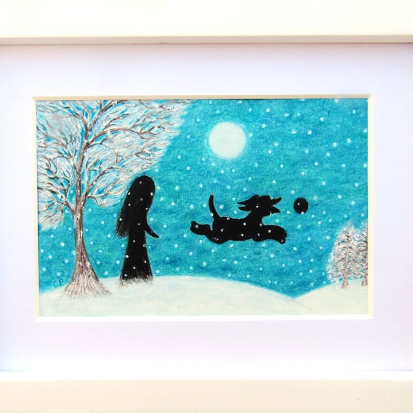Framed Dog Picture, Daughter Christmas Gift, Winter Art, Snow Moon Tree, Xmas