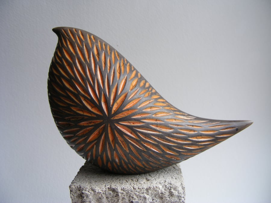Raku glazed carved bird (D2)
