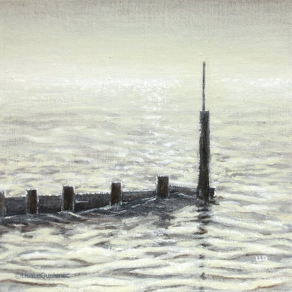 Original acrylic painting groynes at Bournemouth beach seaside art sea picture