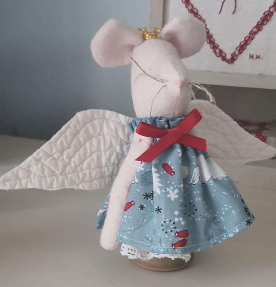 Cute Fabric Angel Mouse on a Vintage Bobbin 