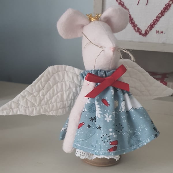 Cute Fabric Angel Mouse on a Vintage Bobbin 