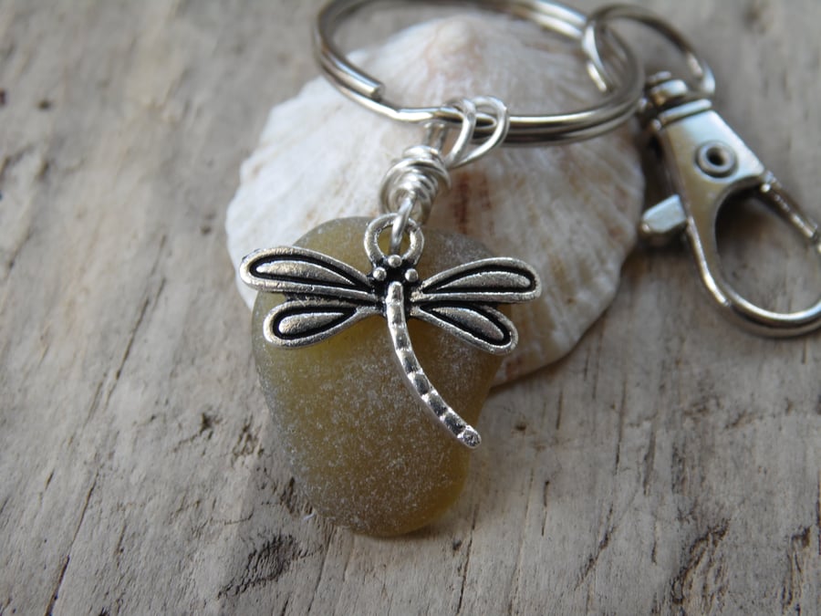 Light Olive Green Cornish Sea Glass with Dragonfly Charm Keyring Bag Charm K748