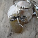 Light Olive Green Cornish Sea Glass with Dragonfly Charm Keyring Bag Charm K748