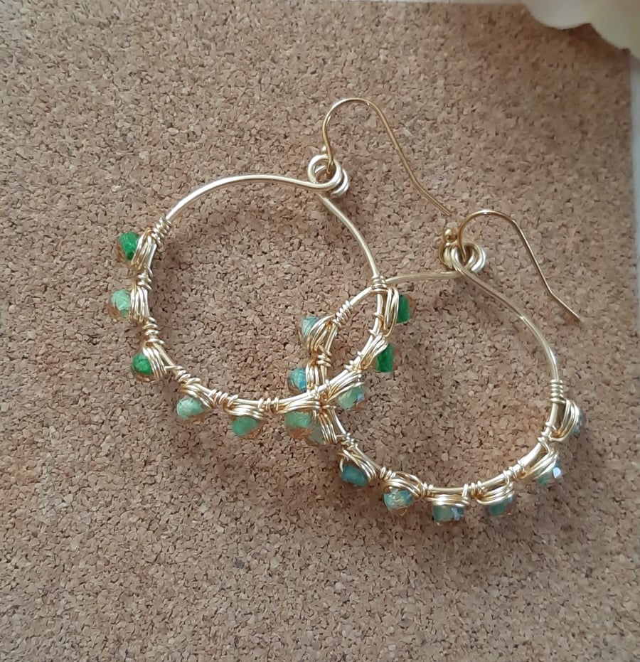 Sea Green Beaded Wire Wrapped Earrings – Handmade Round Statement Jewellery