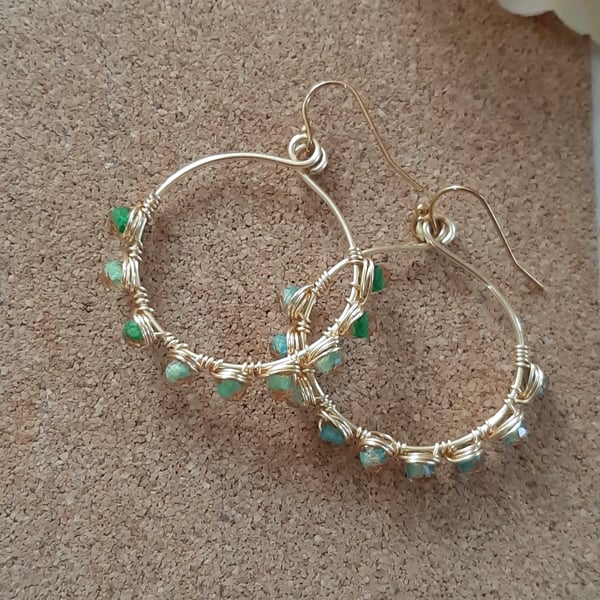 Sea Green Beaded Wire Wrapped Earrings – Handmade Round Statement Jewellery
